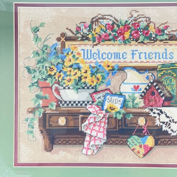 vintage framed cross stitch "welcome friends" wall art floral & rustic motif - Picture 3 of 5